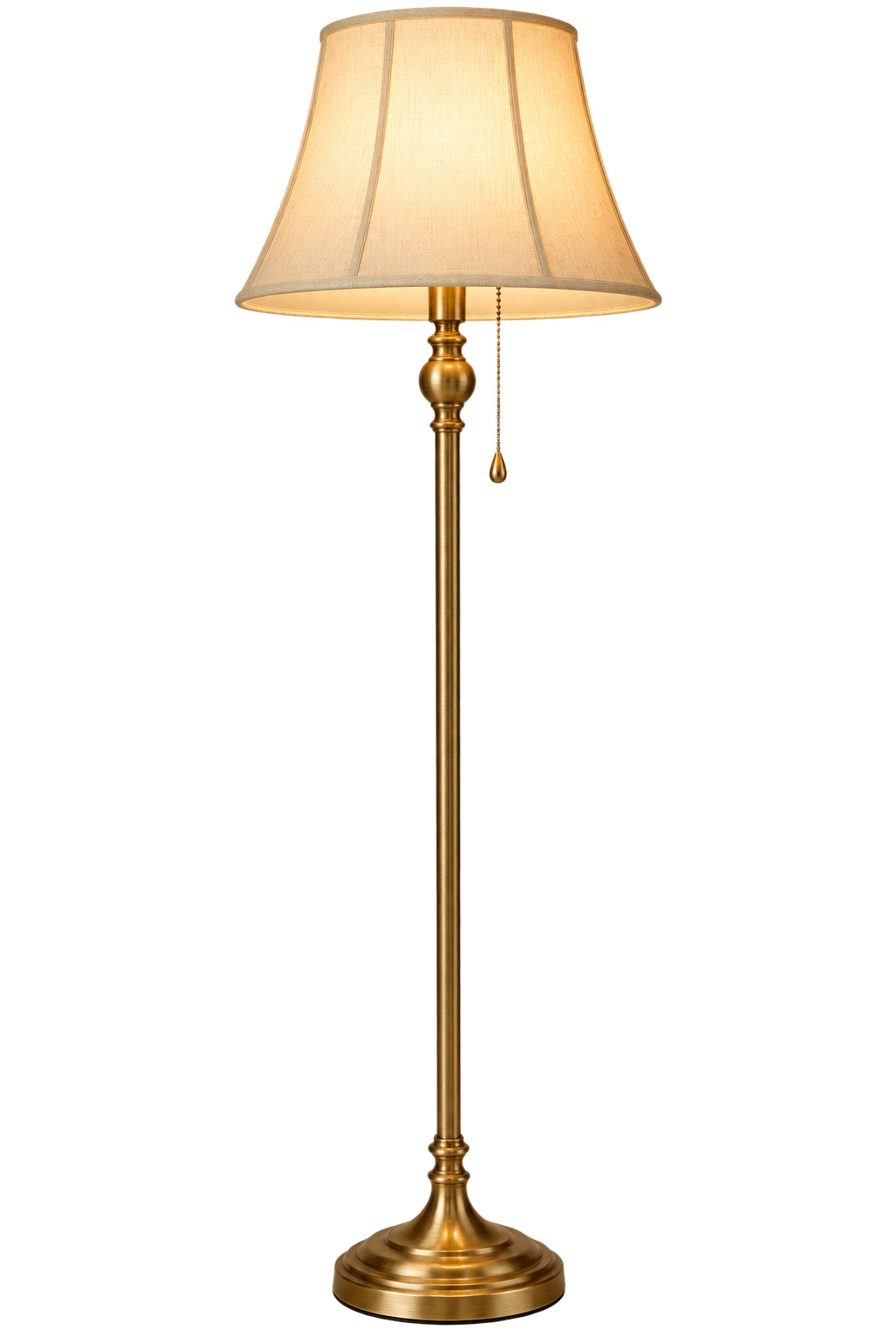 A warm brass floor lamp with a pull chain